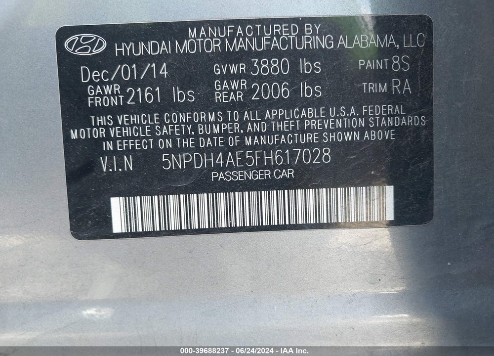 2015 HYUNDAI ELANTRA SE VIN: 5NPDH4AE5FH617028