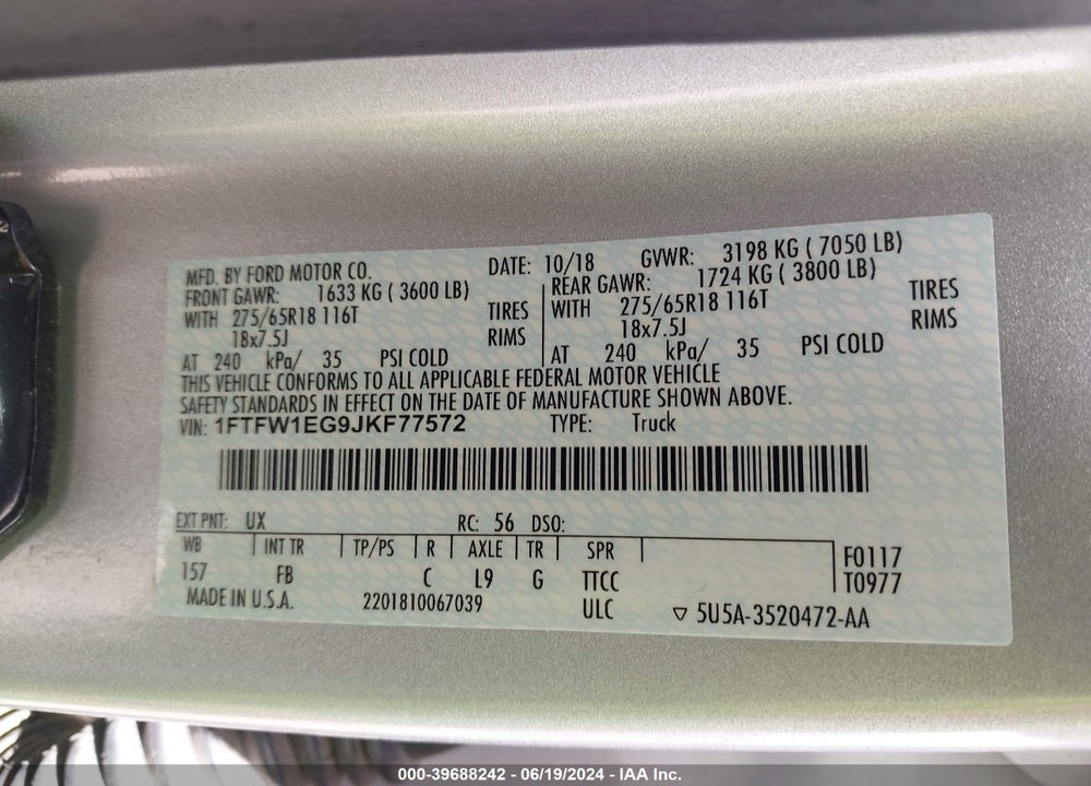 2018 FORD F-150 XLT VIN: 1FTFW1EG9JKF77572