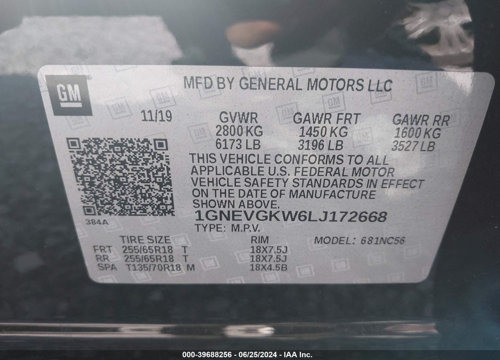 2020 CHEVROLET TRAVERSE AWD LT CLOTH VIN: 1GNEVGKW6LJ172668