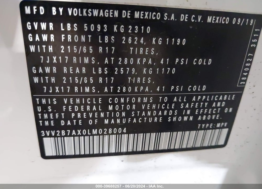 2020 VOLKSWAGEN TIGUAN 2.0T SE/2.0T SE R-LINE BLACK/2.0T SEL VIN: 3VV2B7AX0LM028004