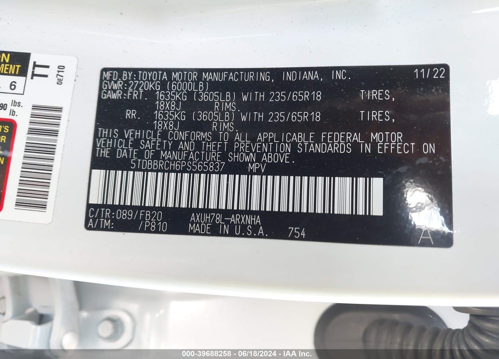 2023 TOYOTA HIGHLANDER HYBRID LE VIN: 5TDBBRCH6PS565837