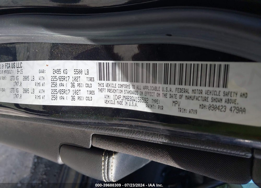 2016 JEEP CHEROKEE SPORT VIN: 1C4PJMAB3GW156592