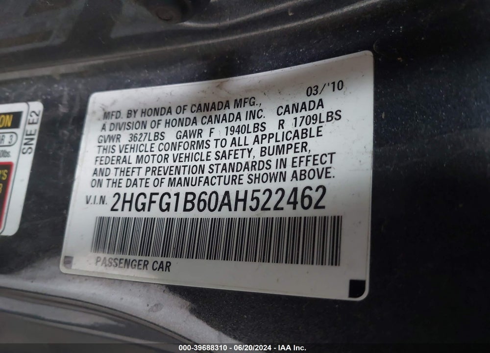 2010 HONDA CIVIC LX VIN: 2HGFG1B60AH522462