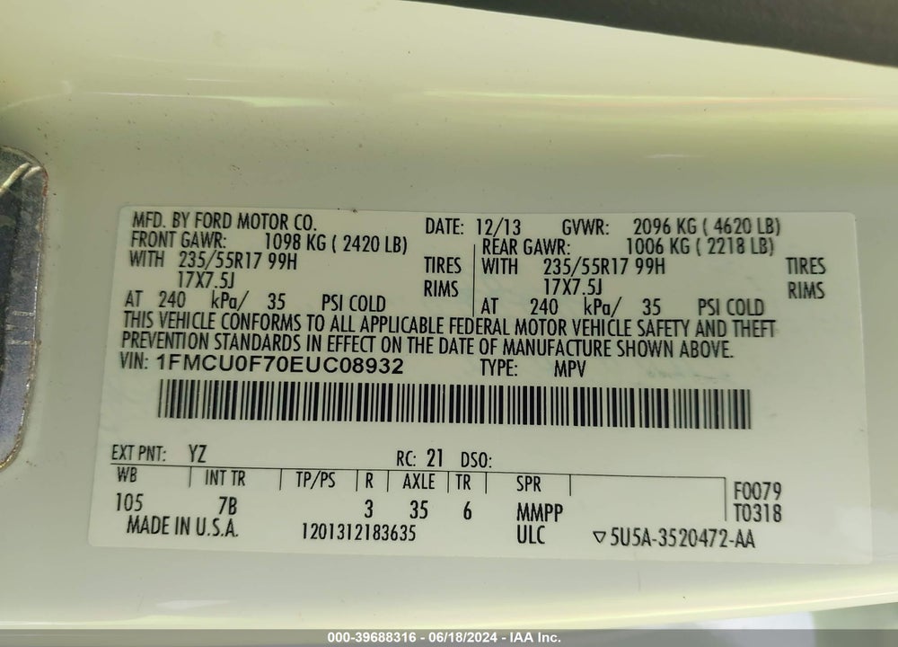 2014 FORD ESCAPE S VIN: 1FMCU0F70EUC08932
