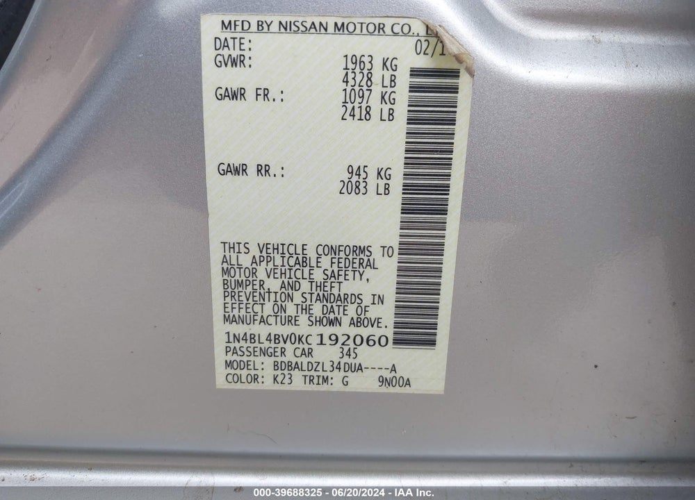2019 NISSAN ALTIMA 2.5 S VIN: 1N4BL4BV0KC192060