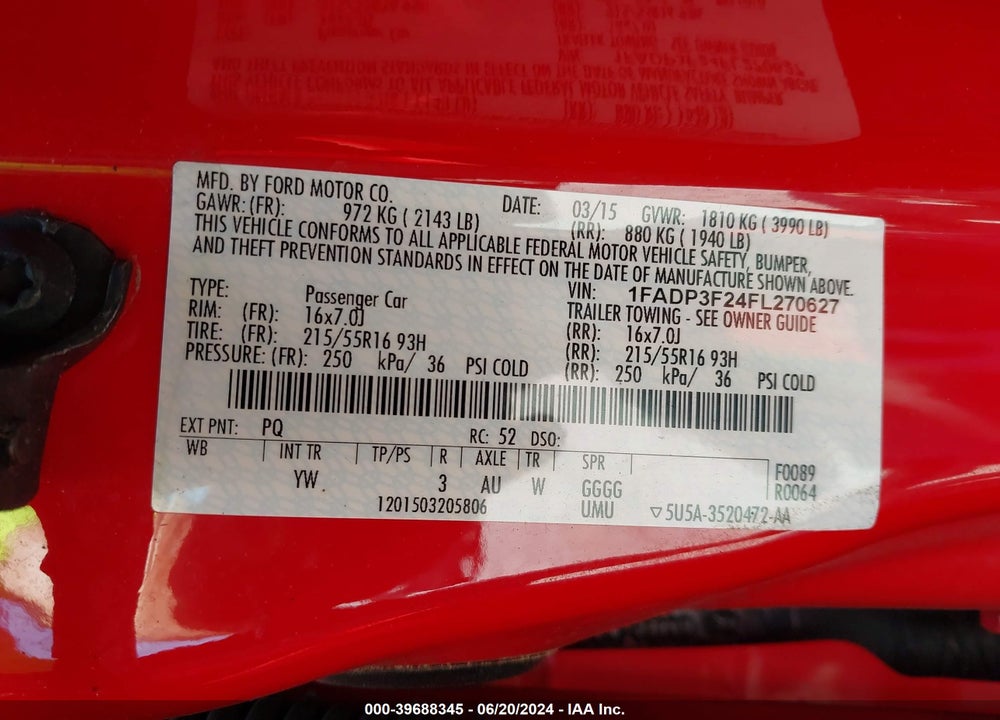 2015 FORD FOCUS SE VIN: 1FADP3F24FL270627