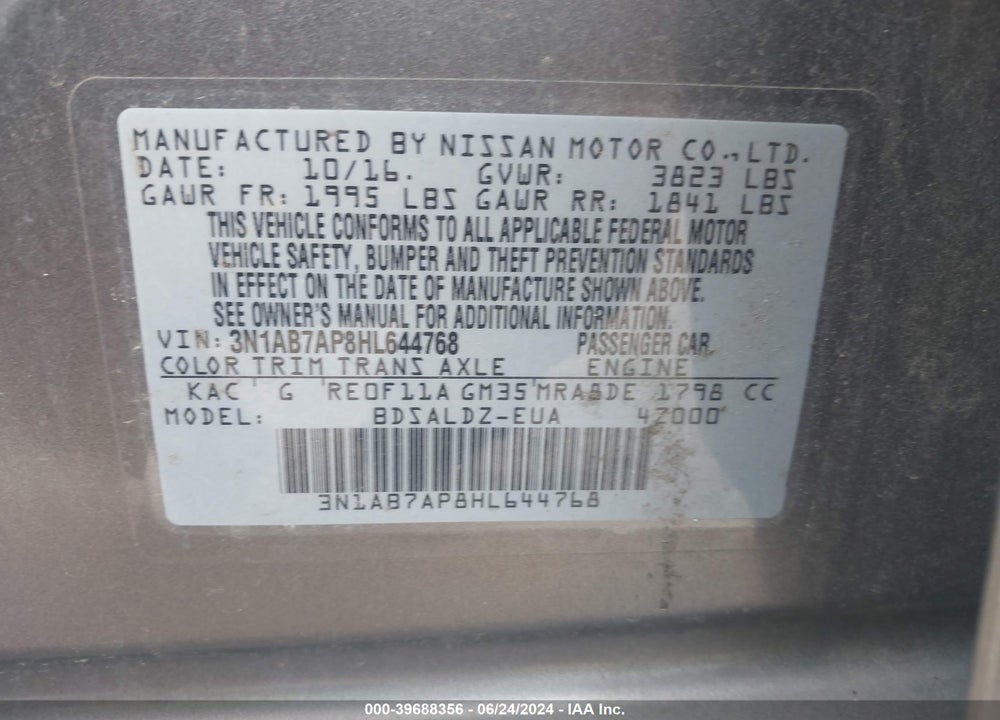 2017 NISSAN SENTRA SV VIN: 3N1AB7AP8HL644768