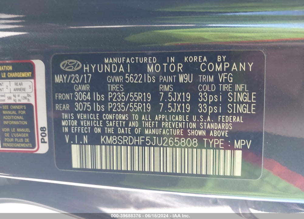 2018 HYUNDAI SANTA FE SE ULTIMATE VIN: KM8SRDHF5JU265808