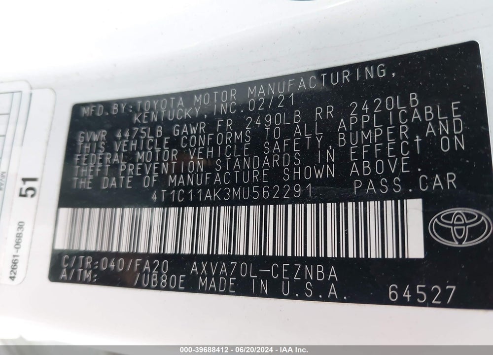 2021 TOYOTA CAMRY LE VIN: 4T1C11AK3MU562291