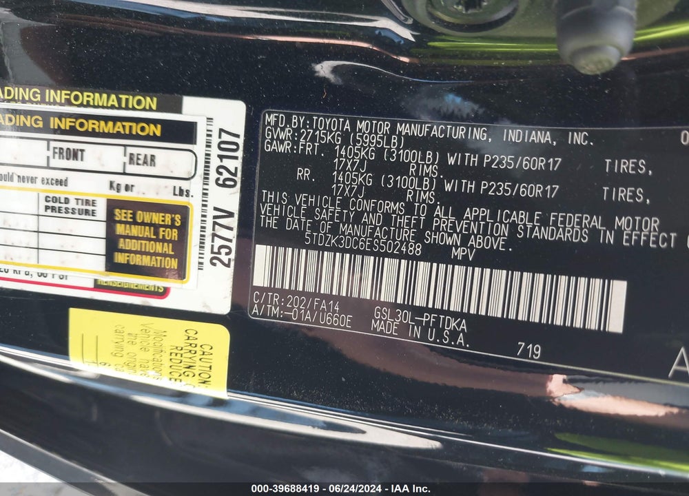 2014 TOYOTA SIENNA L V6 7 PASSENGER VIN: 5TDZK3DC6ES502488
