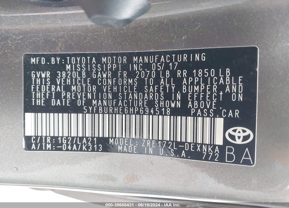 2017 TOYOTA COROLLA XLE VIN: 5YFBURHE6HP694518