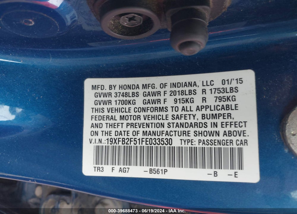 2015 HONDA CIVIC LX VIN: 19XFB2F51FE033530