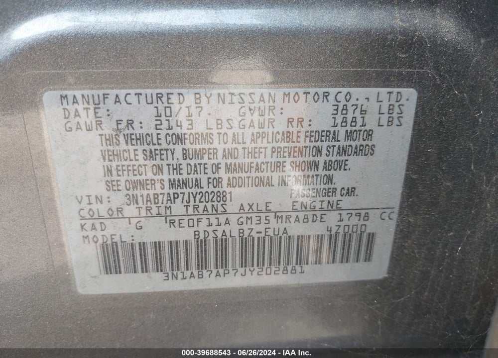 2018 NISSAN SENTRA S VIN: 3N1AB7AP7JY202881