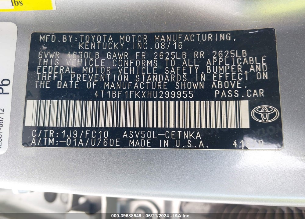 2017 TOYOTA CAMRY LE VIN: 4T1BF1FKXHU299955
