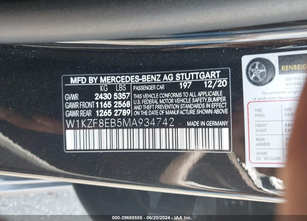 2021 MERCEDES-BENZ E 350 4MATIC VIN: W1KZF8EB5MA934742
