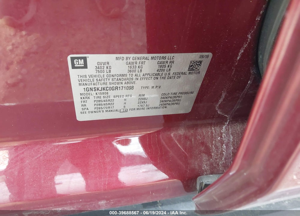2016 CHEVROLET SUBURBAN LTZ VIN: 1GNSKJKC0GR171098