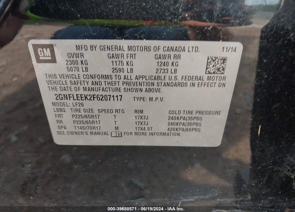 2015 CHEVROLET EQUINOX LS VIN: 2GNFLEEK2F6207117