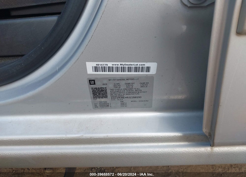 2018 CHEVROLET SILVERADO 1500 1LT VIN: 1GCVKREH9JZ350193