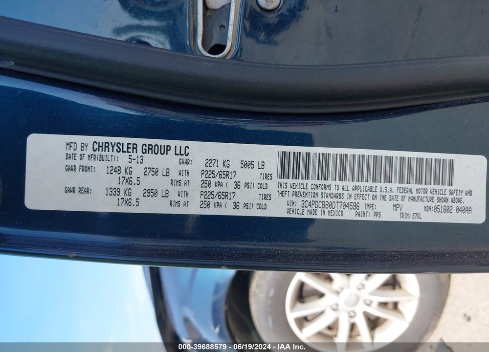 2013 DODGE JOURNEY SXT VIN: 3C4PDCBB0DT704596