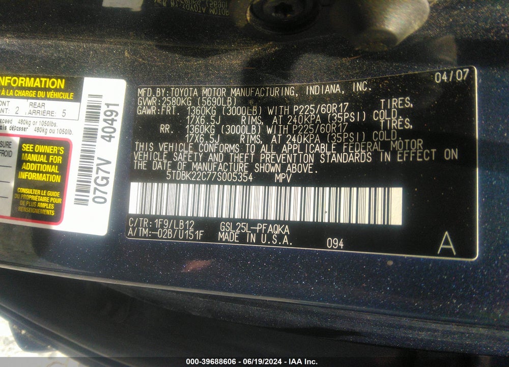 2007 TOYOTA SIENNA XLE VIN: 5TDBK22C77S005354