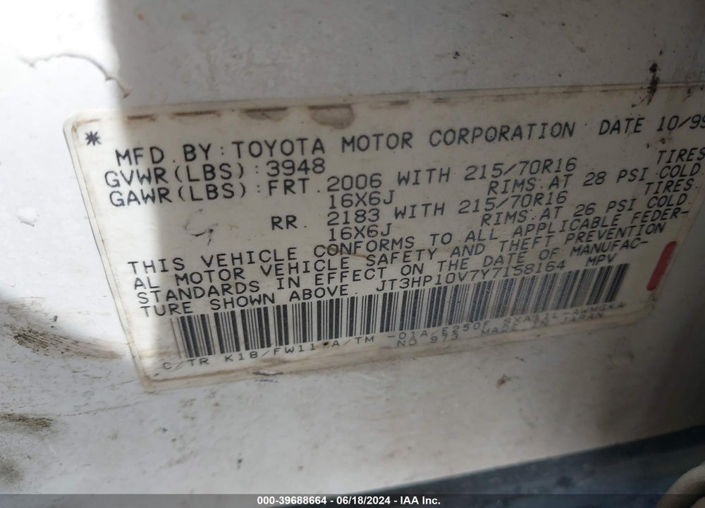 2000 TOYOTA RAV4 VIN: JT3HP10V7Y7158164
