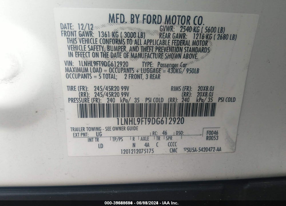 2013 LINCOLN MKS ECOBOOST VIN: 1LNHL9FT9DG612920