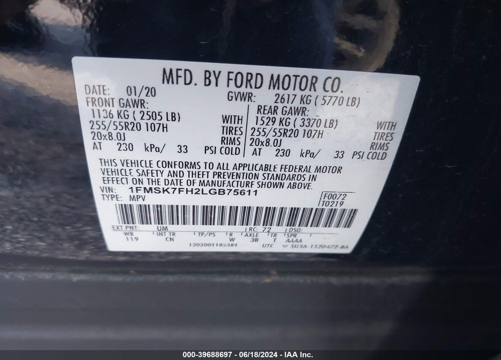 2020 FORD EXPLORER LIMITED VIN: 1FMSK7FH2LGB75611