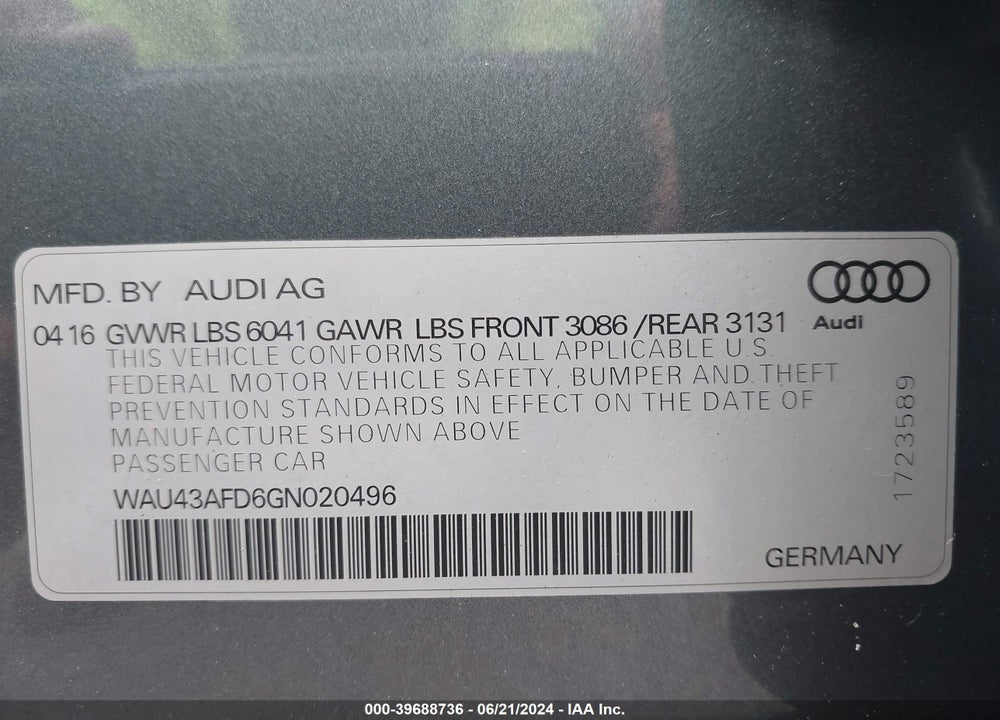 2016 AUDI A8 L 4.0T SPORT VIN: WAU43AFD6GN020496