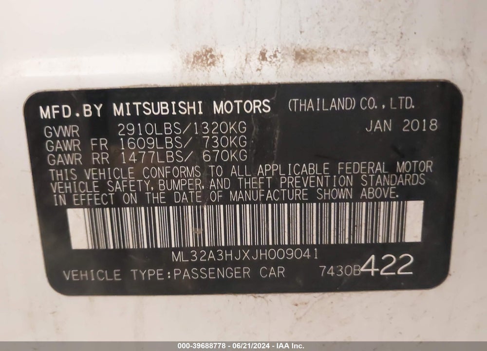 2018 MITSUBISHI MIRAGE ES VIN: ML32A3HJXJH009041