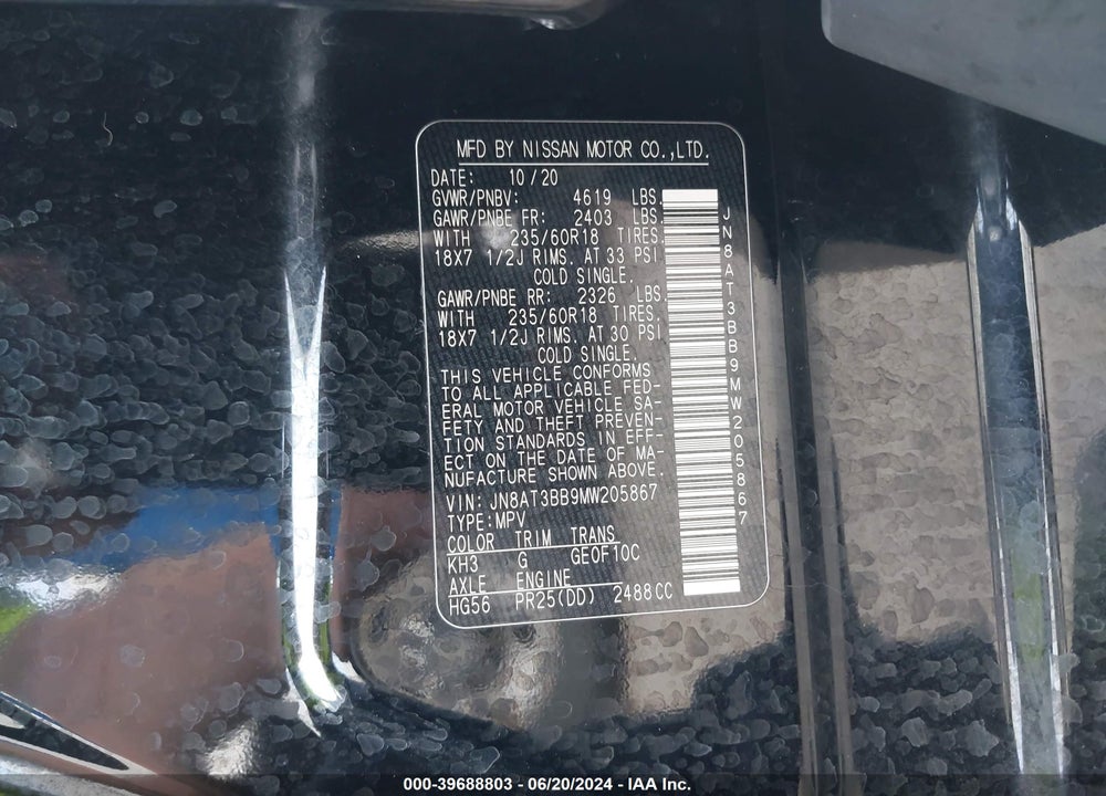 2021 NISSAN ROGUE SV INTELLIGENT AWD VIN: JN8AT3BB9MW205867