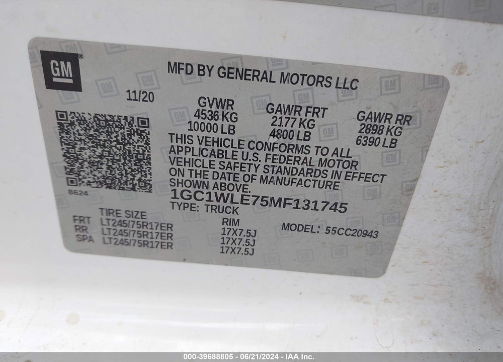 2021 CHEVROLET SILVERADO 2500HD 2WD LONG BED WT VIN: 1GC1WLE75MF131745