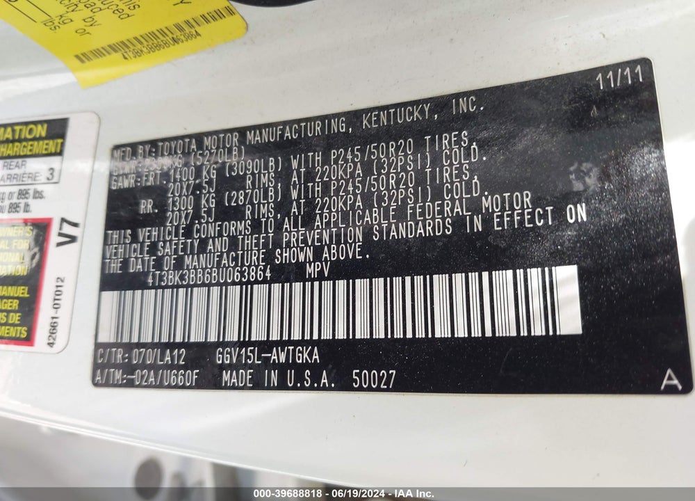 2011 TOYOTA VENZA BASE V6 VIN: 4T3BK3BB6BU063864