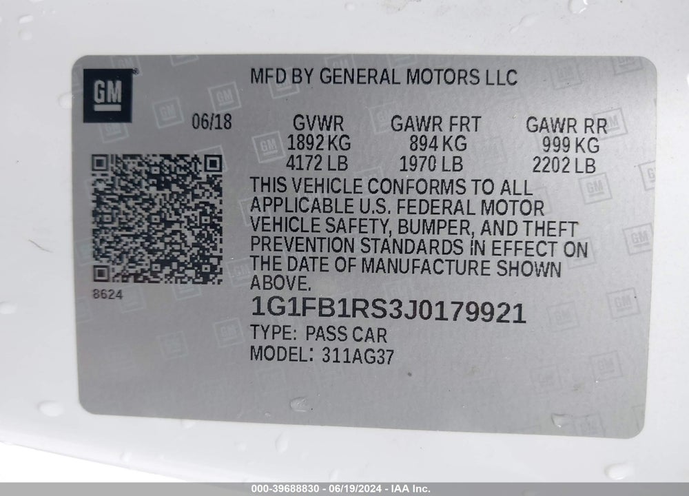 2018 CHEVROLET CAMARO 1LT VIN: 1G1FB1RS3J0179921