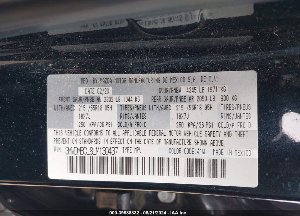 2020 MAZDA CX-30 SELECT PACKAGE VIN: 3MVDMBCL8LM130437