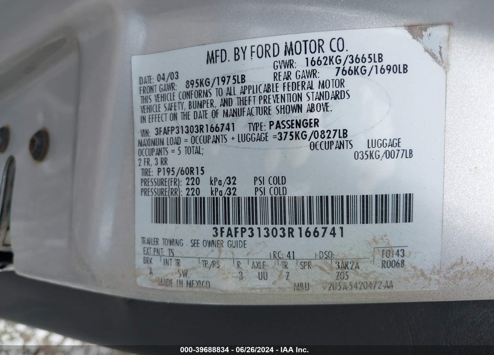 2003 FORD FOCUS ZX3 VIN: 3FAFP31303R166741