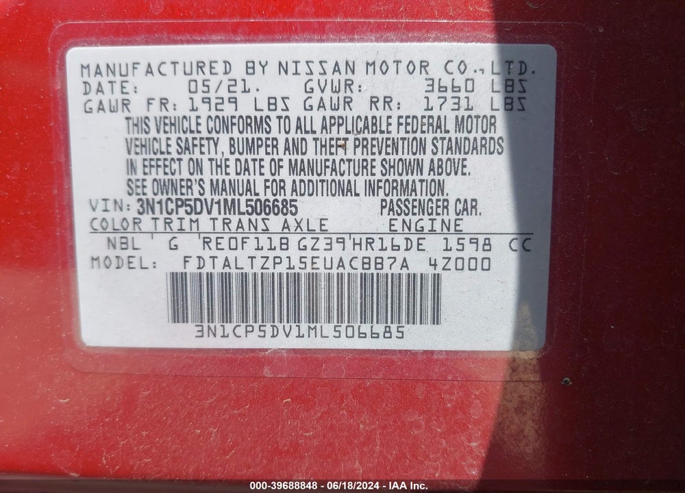 2021 NISSAN KICKS SR XTRONIC CVT VIN: 3N1CP5DV1ML506685