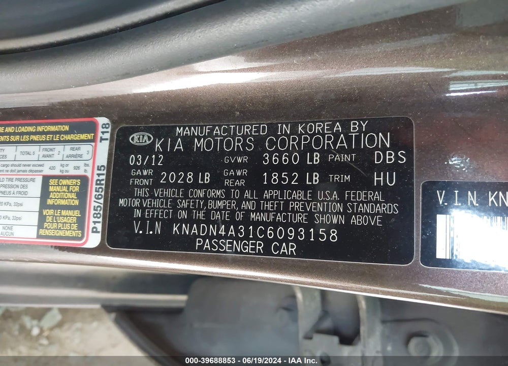 2012 KIA RIO EX VIN: KNADN4A31C6093158
