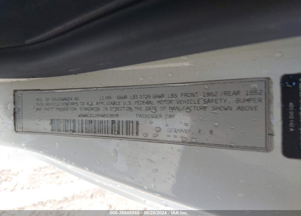 2000 VOLKSWAGEN GOLF GL VIN: WVWBC21J9YW502808