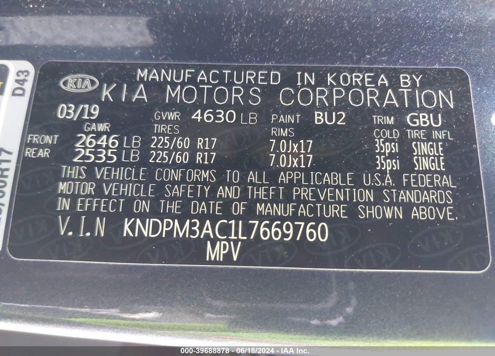 2020 KIA SPORTAGE LX VIN: KNDPM3AC1L7669760