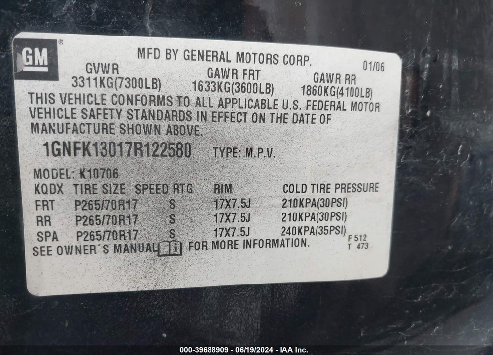 2007 CHEVROLET TAHOE LT VIN: 1GNFK13017R122580