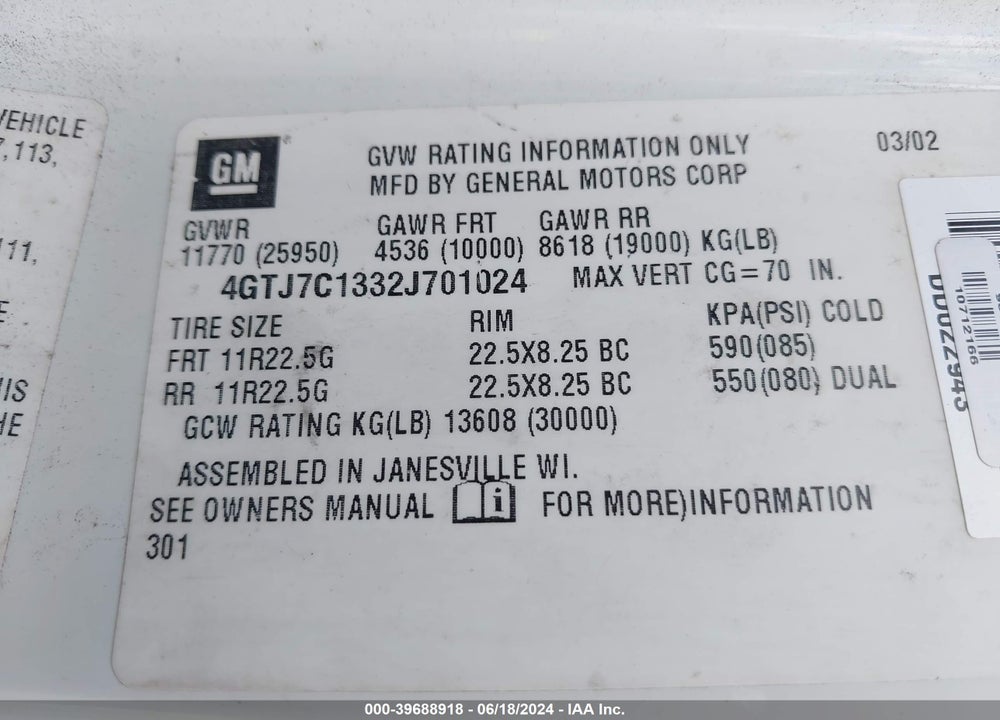 2002 ISUZU FTR VIN: 4GTJ7C1332J701024