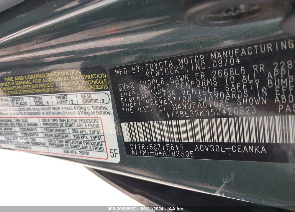 2005 TOYOTA CAMRY LE VIN: 4T1BE32K15U420923