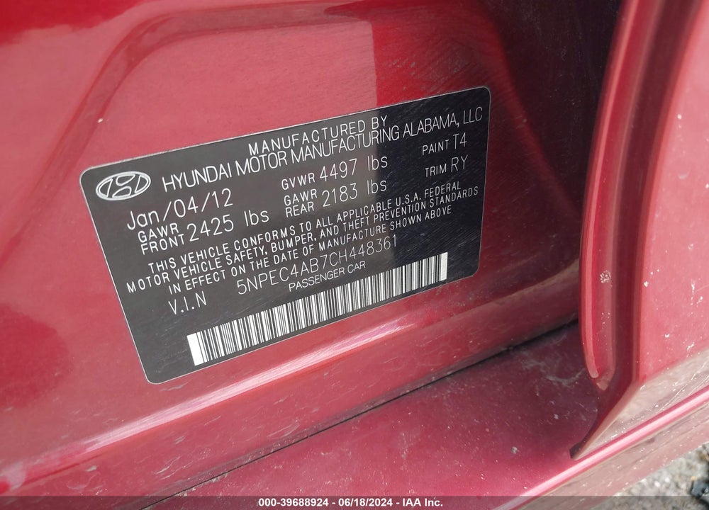 2012 HYUNDAI SONATA SE 2.0T VIN: 5NPEC4AB7CH448361