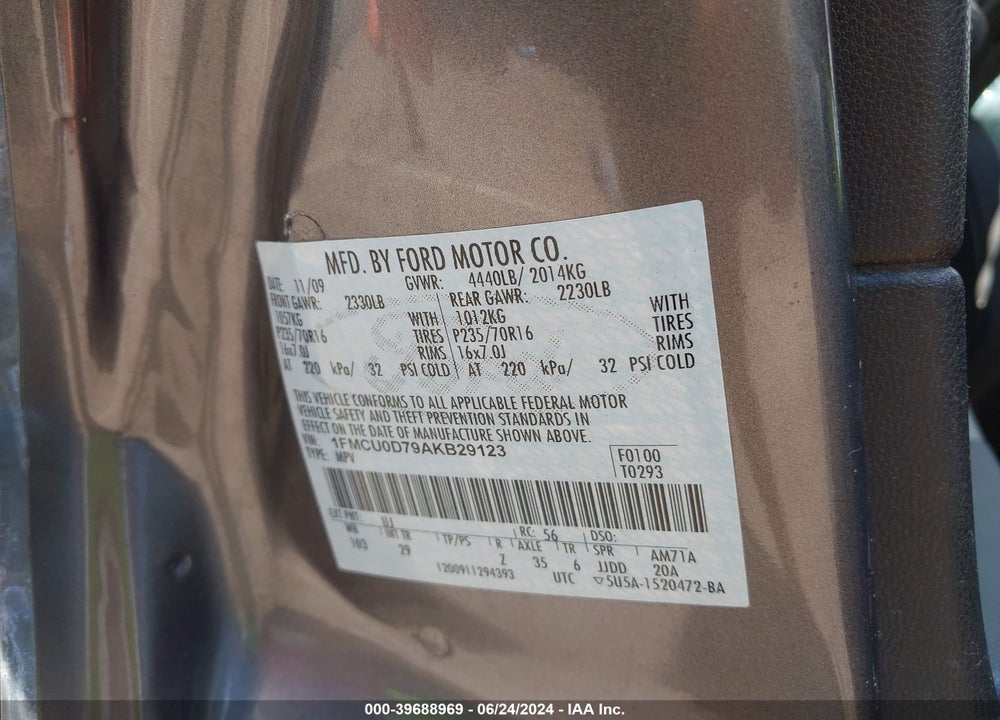 2010 FORD ESCAPE XLT VIN: 1FMCU0D79AKB29123