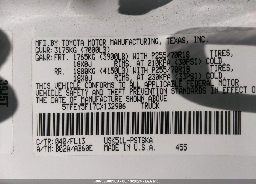 2012 TOYOTA TUNDRA GRADE 5.7L V8 VIN: 5TFEY5F17CX132986