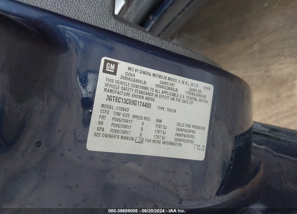 2009 GMC SIERRA 1500 SL VIN: 3GTEC13C69G174480
