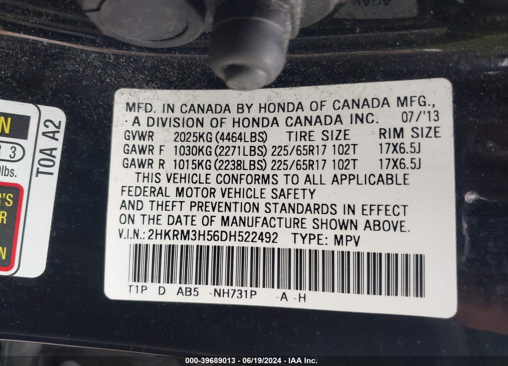 2013 HONDA CR-V EX VIN: 2HKRM3H56DH522492