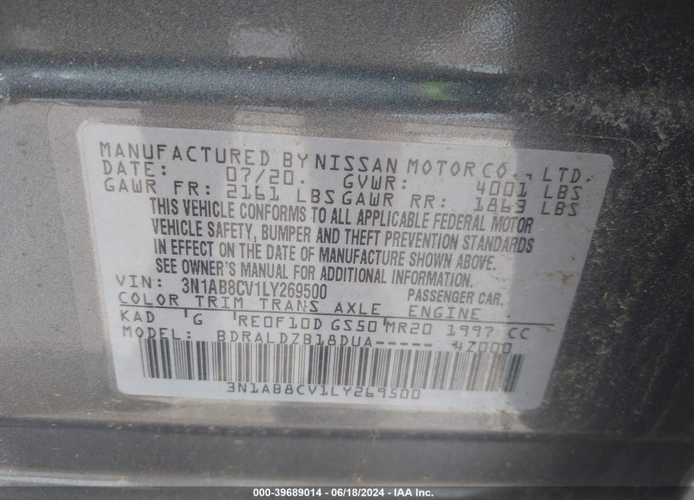 2020 NISSAN SENTRA SV XTRONIC CVT VIN: 3N1AB8CV1LY269500