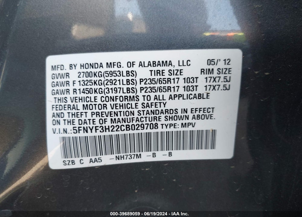 2012 HONDA PILOT LX VIN: 5FNYF3H22CB029708