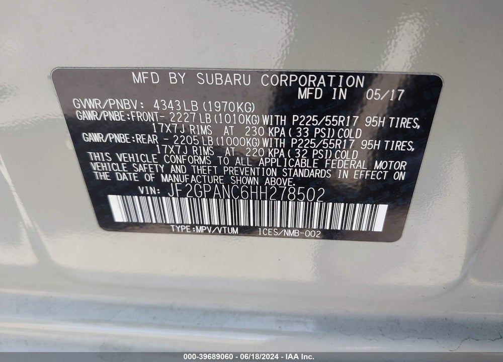 2017 SUBARU CROSSTREK 2.0I LIMITED VIN: JF2GPANC6HH278502